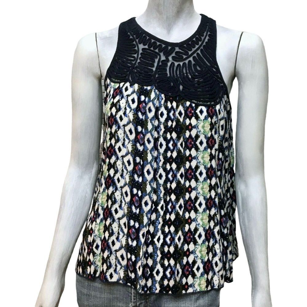 Hazel Womens Tank Top Blue White Green Print Sleeveless Lace Crew Neck Juniors S